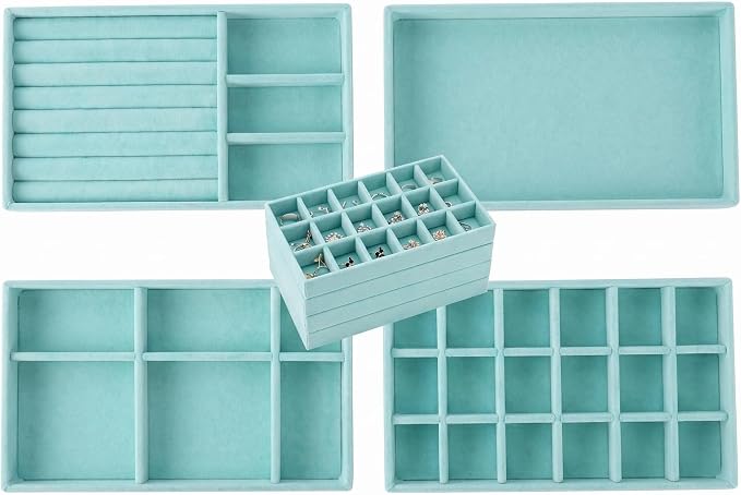 Stackable Jewelry Organizer Trays for Drawer, Set of 4 Velvet Jewelry Drawer Inserts in Dresser, 8in Storage Display Case for Rings Stud Necklaces Accessories(Blue)