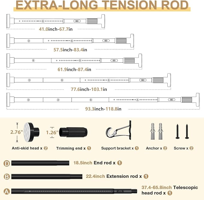 Black Tension Curtain Rod 41-118In(4-9Ft),Outdoor Curtain Rod No Drilling for Window or Patio,Heavy DutyShower Rodfor Bathroom,Rod Diameter 1.26In-One-bond stretching