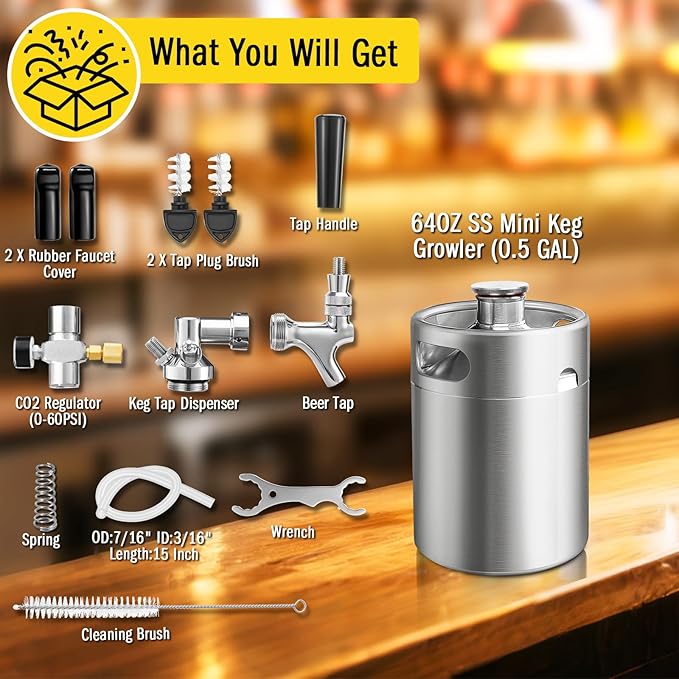 64OZ Mini Keg Growler Tap System, Pressurized Stainless Steel Beer Keg, Beer Dispenser System with CO2 Regulator & Self-Closing Faucet, Portable Beer Growler to Keep Fresh for Homebrew