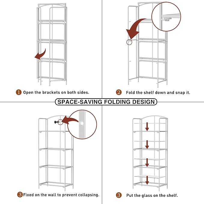Crofy 4-Tier Foldable Bookshelf, White Frame & Transparent Shelves | No-Assembly Collapsible Portable Storage Organizer; Sturdy Transparent Shelves; Ideal for Living Room & Home Office