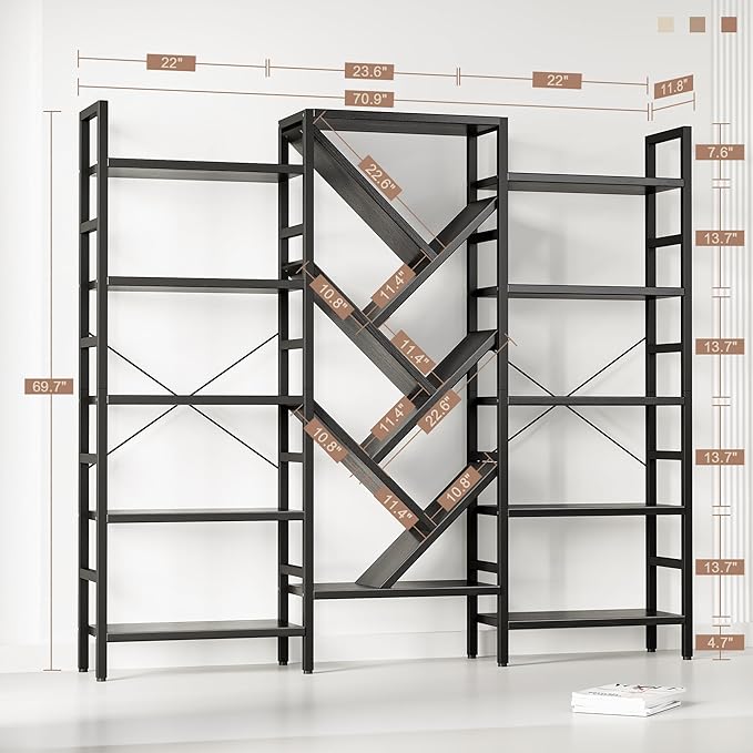 INNOD 70x70” Triple 5 Tier Book Shelf, Large Wooden Bookcase with 17 Open Display Shelf, Modern Tree Bookshelf Metal Frame Tall Book Case Furniture for Living Room Bedroom Home Office Black