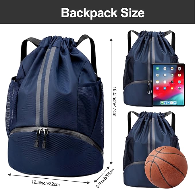 Hoedia Sports Drawstring Backpack - String Swim Gym Bag with Shoes Compartment and Wet Proof Pocket for Women&Men