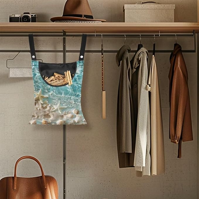 Starfish Clothespin Organizer Bag Shell Beach Clothespin Bags with Hanging Hook Waterproof Clothes Pin Storage Organizer with Large Opening Clothespin Bag for Clothesline Outdoor