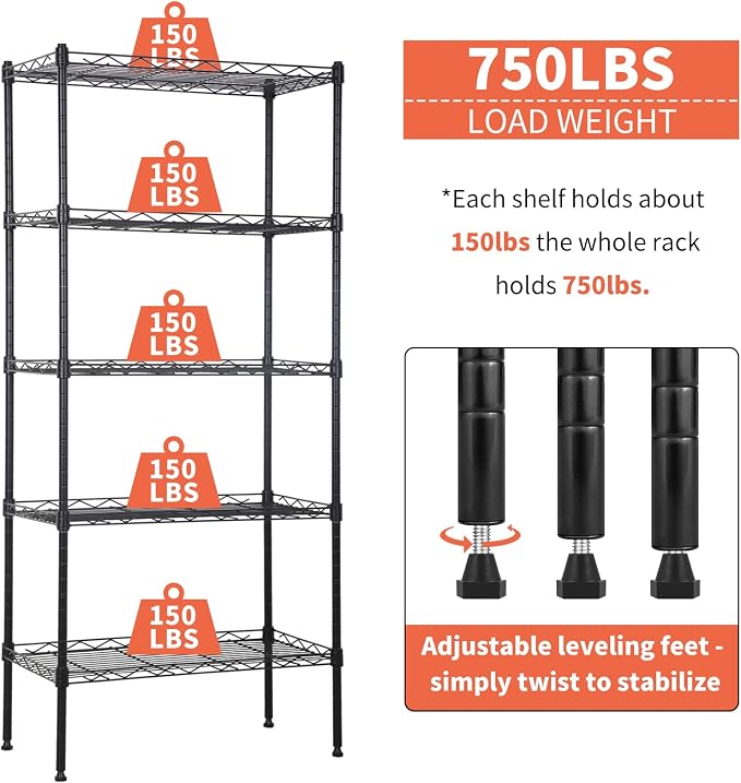 Wire Shelves 5-Tier Metal Storage Shelves 11.6" D x 21.5" W x 47.6" H Adjustable Wire Rack Shelf NSF Shelving Unit for Kitchen Storage Pantry Laundry, 750LB Capacity, Black