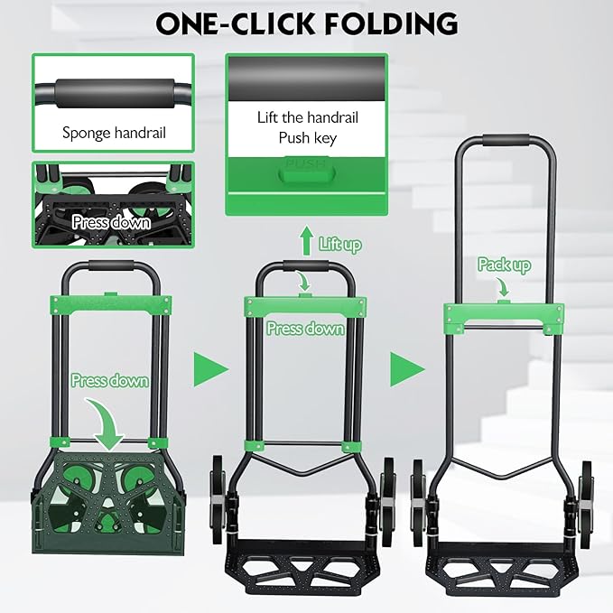 Heavy-Duty 330LB Capacity Hand Truck with Stair-Climbing Wheels & One-Touch Retractable Handle - Q235 Steel Collapsible Dolly Cart, 4.2-Inch Triple Wheels, Elastic Strap & Sponge Grip (Green)