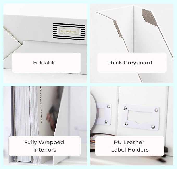 BLU MONACO Set of 6 Foldable White Magazine File Holders | Vertical Desk File Organizer Boxes With Leather Label Holders | Stylish Cardboard Magazine Storage for Shelves, Workspace and Home Office