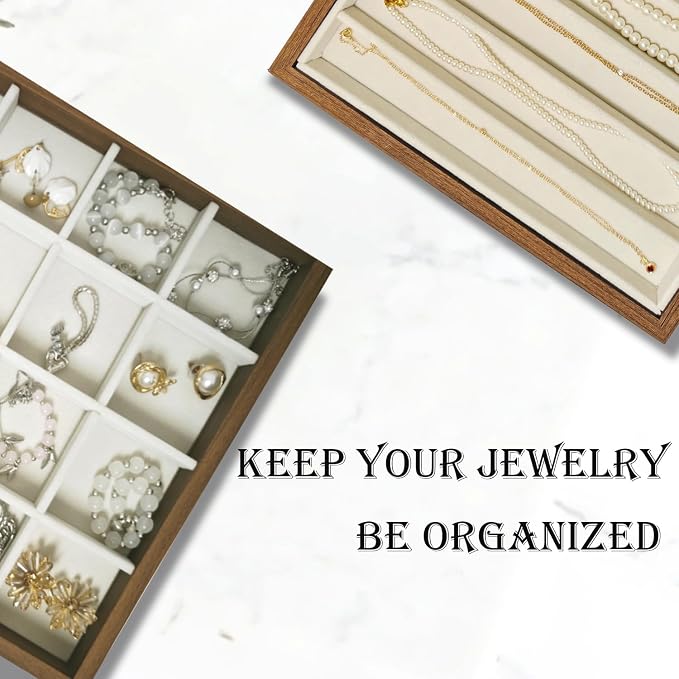 Large Jewelry Trays for Drawers Stackable Velvet Jewelry Display for Vendors Jewelry Drawer Organizer Inserts for Rings Necklace Bracelets Earrings and Studs Earrings (Beige, 24 Grid)