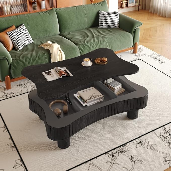 Lift Top Coffee Table with Hidden Storage Fluted Panel Silent Hydraulic Lift Curved Corners (Black)