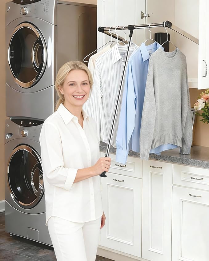 Pull Down Closet Rod, 24‘’-33‘’ Adjustable, 40 lbs Capacity | Polished Metal Surface, Two-Way Buffering System, Smooth Pull-Down Access, Side-Mounted Design, Space-Saving Closet Organizer