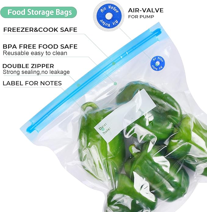 Sous Vide Bags Reusable 27Pcs, BPA Free Vacuum Sealer Bag, Vacuum Food Storage Bag for Sous Vide Cooking/Microwave Heating - 20Pcs Vacuum Zipper Bags & 2 Seal Clips & 5 Air Valves (11 * 10in) 2.9L