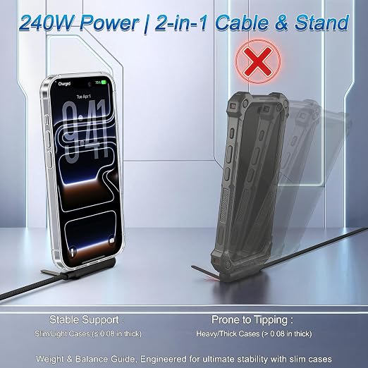 3 Pack Invisible Holder Charger Cable, 240W PD Fast Charging Cable for Desk, USB-C to USB-C & Light-ning Cable 4.9 FT with 360° Adjustable Metal Stand, 2 in 1 Holder Charger for Gaming, Office, Home