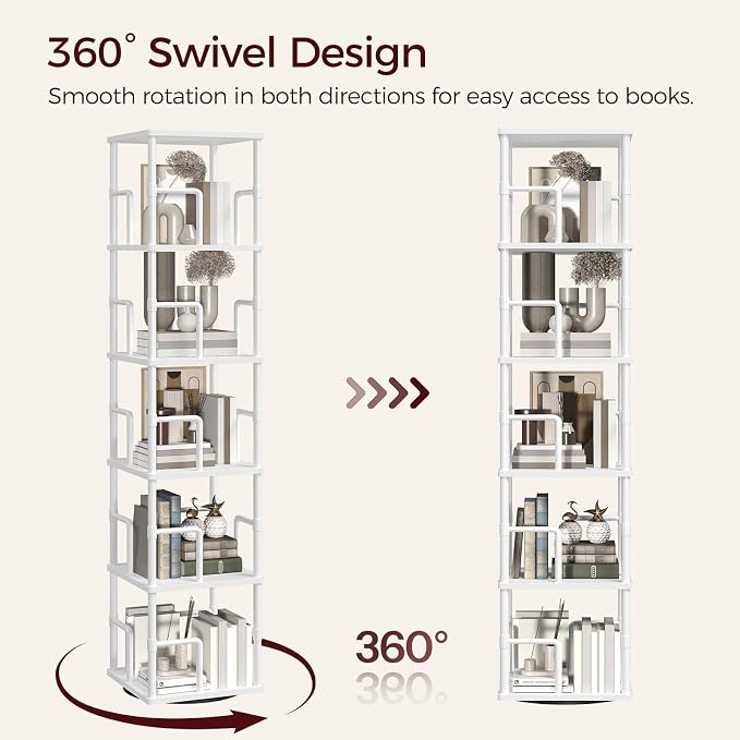 MAHANCRIS 5-Tier Rotating Bookshelf, Freestanding Corner Bookshelf, 360° Spinning Bookcase, Industrial Style Storage Rack with Rails, for Living Room, Bedroom, Study, White BKWT1601