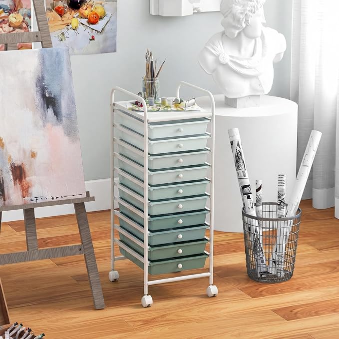 LDAILY 10-Drawer Rolling Storage Cart, Rolling Storage Cart, Storage Organizer on Wheels, Metal Frame, Scrapbook Paper Tools, Suitable for Office School, Classroom (Gradient Green, 10 Drawer)