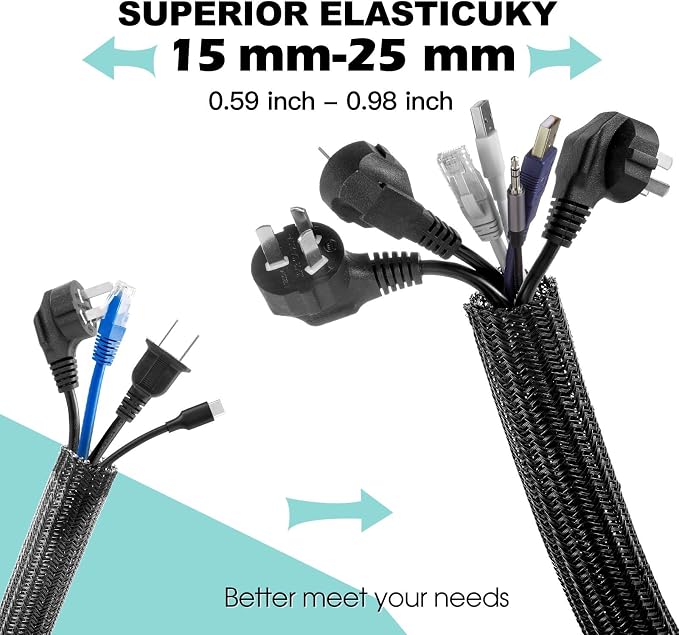 AGPTEK Cable Sleeve, 10ft - 1 inch Cable Management Desk Cord Cover Organizer Wire Hider for Home Office Computer TV Wire Loom Tubing Pet Proof Cord Protector from Cat Dog Chewing, Black