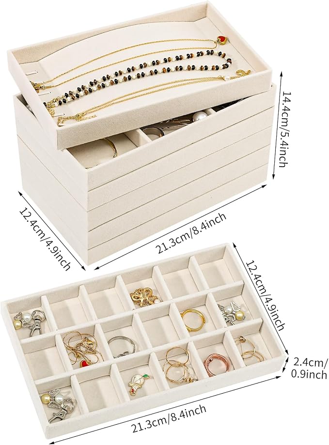 Dntorx Stackable Jewelry Organizer Trays, 6 Set of Velvet Jewelry Drawer Insert Sets Organizer Trays Jewelry Display Case Storage with Removable Dividers for Earring Necklace Rings Bracelet（Beige）