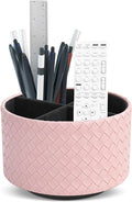 Round Leather Art Supply Organizer,Remote Control Holder,360 Degree Spinning,Multi-Functional Pencil Holder,4 Compartments Desktop Stationary Organizer(1-Weave Pink)