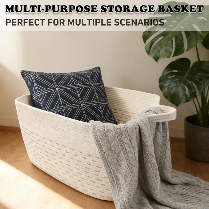65L Collapsible Woven Rope Laundry Basket with Handles, Yellow | 21x16x12 Foldable Rectangular Blanket Basket for Toys, Clothes & Pillows,Ideal for Nursery, Bathroom, Bedroom, Living Room