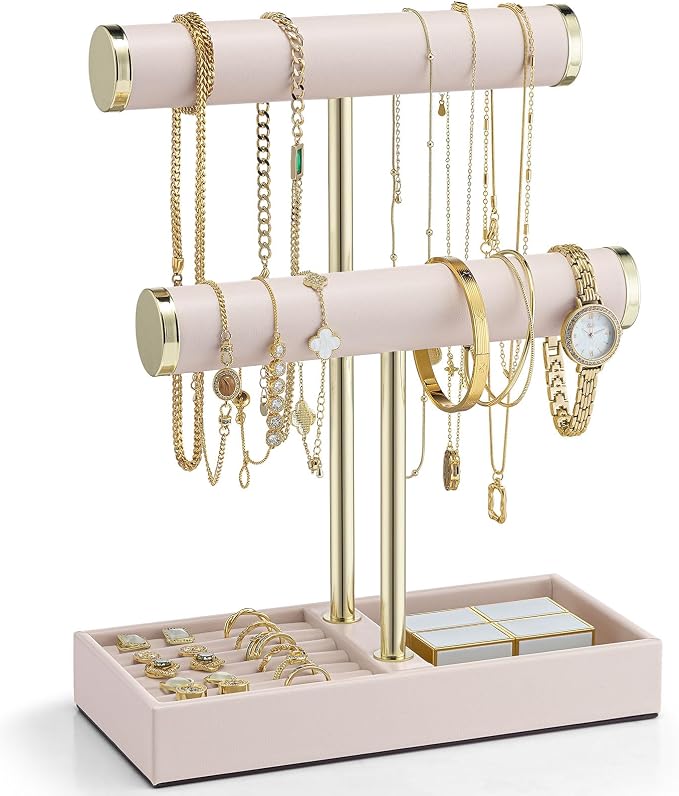VLANDO 2 Tier Bracelet Holder with Tray - Leather Jewelry Stand Organizer for Women - Valentines Day Gift Her- Jewelry Holder Display for Necklace, Watches, Rings, Earrings, Bangle, Scrunchie - Pink