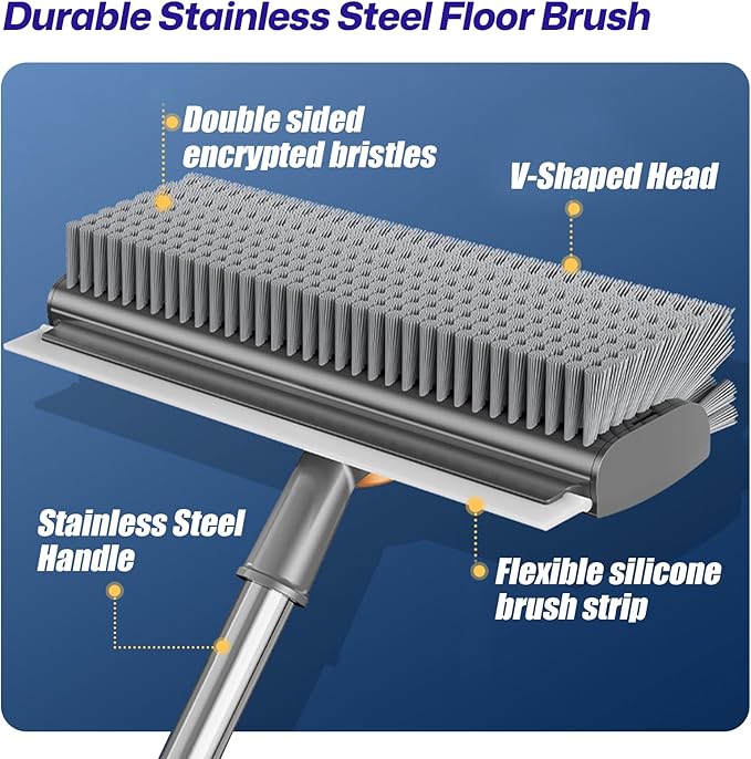 3-in-1 Floor Scrub Brush with Long Handle, Scrape and Heavy-Duty Stiff Bristle Floor Scrubber Brush with Squeegee and Tweezer for Cleaning Tile Kitchen Wall Deck Bathroom Patio Garage