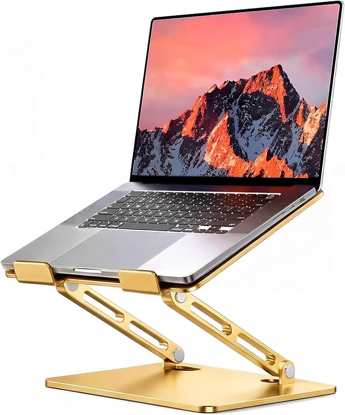 LOXP Aluminum Laptop Stand, Adjustable Laptop Stand for Desk Foldable | Portable Laptop Riser, Ergonomic Computer Notebook Holder for Desk, Office Desk Accessories (10-15.6'') - Gold