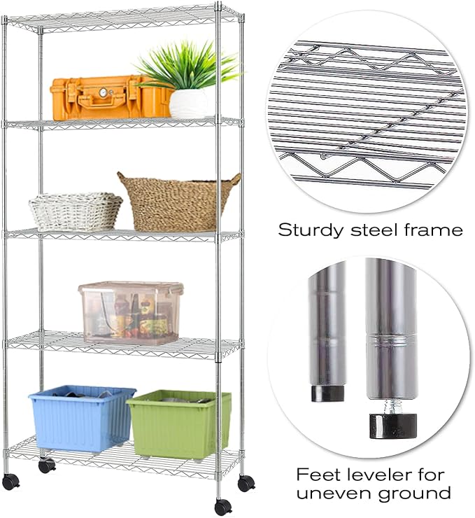 HCY 5-Tier Shelving Unit Storage Shelves with Wheels Heavy Duty Metal Storage Rack NSF Height Adjustable for Laundry Bathroom Kitchen Garage Pantry Organization -60"x30"x14"(Chrome)