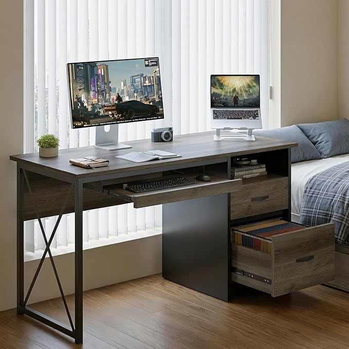 Bestier Office Desk with Drawers, 55 inch Industrial Computer Desk with Storage, Wood Teacher Desk with Keyboard Tray & File Drawer for Home Office, Dark Gray Oak