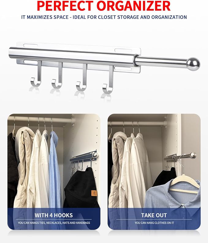 BaiNong Valet Rod for Closets Pull Out 12" Silver with 4 Hooks | Closet Valet Rod Slide Out for Closets, Laundry Rooms, RVs Space-Saving