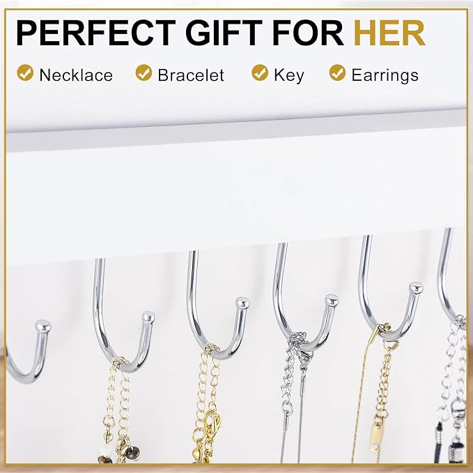 Dntorx Hanging Jewelry Organizer, 2 Pack Necklace Holder for Wall Wooden White Necklace Organizer Hangers Wall Mount with 24 Hooks Jewelry Display Hangers for Necklaces, Bracelets, Earrings, Keys