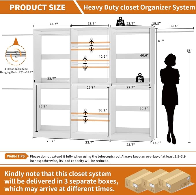 Closet System of 3 Sets, 6FT-15FT Closet Organizer System with 7 Adjustable Hanging Rods& 6 Shelves, Custom Modular Closet Kit, Freestanding Closet Storage System, L-Shaped Walk-in Closet, White