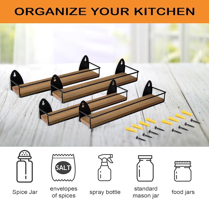 TJ.MOREE 4 Pack Spice Rack Wall Mounted Rustic Style Hanging Spice Organizer for Wall, Kitchen Spice Storage, Black
