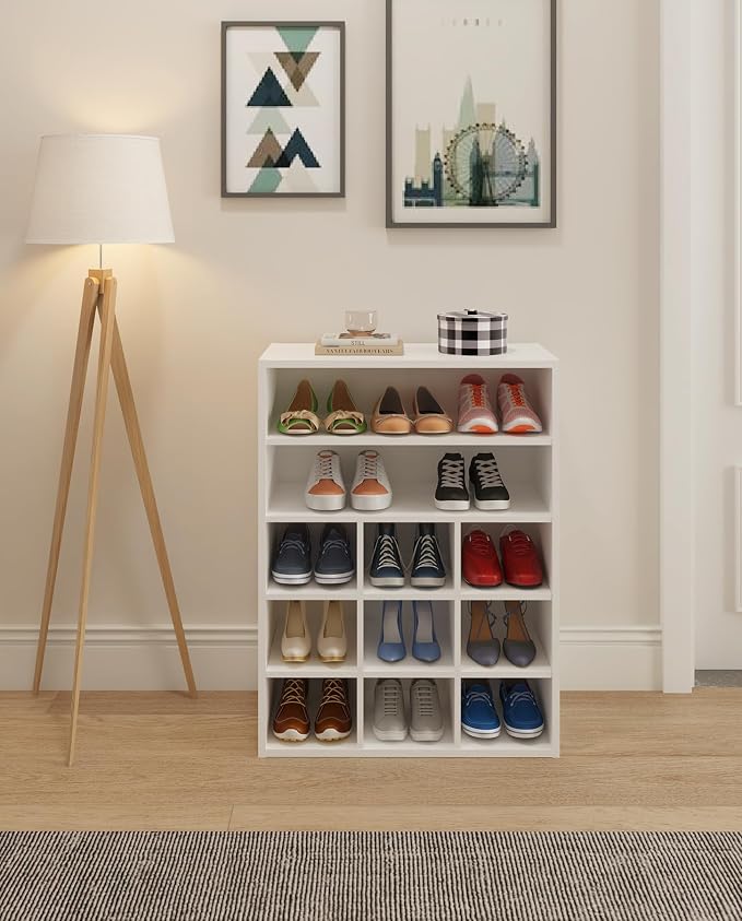 HAIOOU Shoe Cubby, 9-Cube Stackable Wood Shoe Rack Organizer 24 Inch, White | 5-Tier Freestanding Shoe Stand with 2 Storage Shelf, Holds 10-15 Pairs, Ideal for Apartment, Entryway, Closet Organization