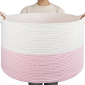 OIAHOMY 90L XXXLarge Blanket Basket for Living Room, 21.7" x 13.8" Woven Cotton Rope Laundry Basket for Organizing Pillows, Decorative Stuffed Animal Toy Storage for Nursery, White and Pink