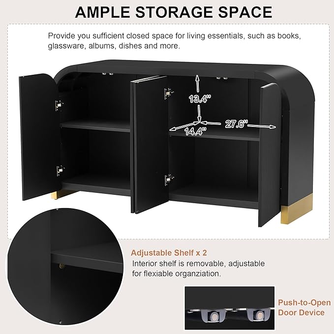 Amposei Modern Curved Sideboard Cabinet 59.8-Inch Entryway Console Table Accent Storage Cabinet with Doors & Adjustable Shelves for Living Room Hallway, Black