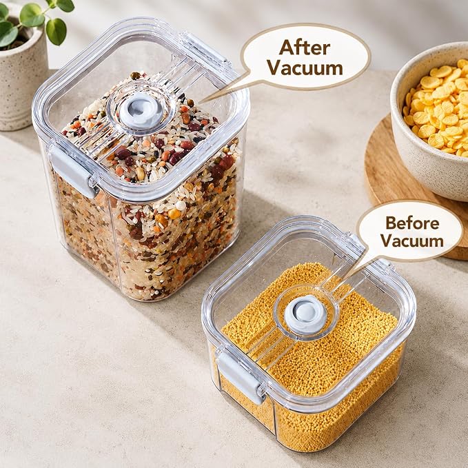 alaboom 4-Piece Airtight Vacuum Food Storage Containers with Hand Pump, Reusable Leak-Proof Plastic Canisters for Longer Freshness (1.43 QT, 0.95 QT*2, 0.41 QT)
