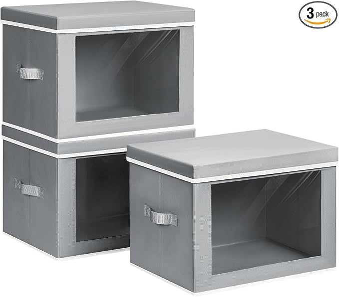 Homsorout Collapsible Storage Bins with Lids - Stackable Storage Containers with Window, 15.7 Inch Fabric Organizing Bins for Closet, Home & Office Organization Baskets, Grey, 3 Pack