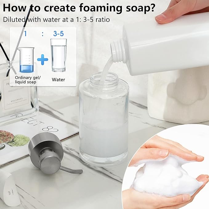 Foaming Soap Dispenser Set, 12 Oz Glass Hand Soap Dispenser with 304 Rust Proof Stainless Steel Pump, Waterproof Labels, for Bathroom Decor Kitchen College Dorm, Clear Silver Pump 2 Pack | Rust Proof Silver Pump, Sturdy, Clear Empty Foam Bottle with Wa...