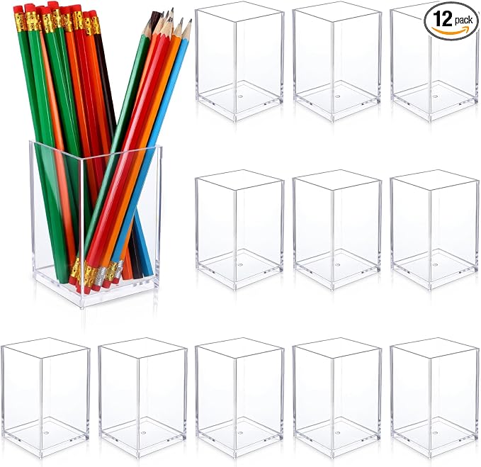 12 Pack Acrylic Pen and Makeup Brush Holder – Clear Desktop Organizer for Office, Home, and Studio Supplies, Stationery Storage Accessory (2.6 x 2.6 x 4 Inch Each)