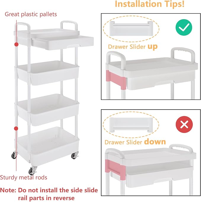 Calmootey 4-Tier Rolling Utility Cart with Drawer,Multifunctional Storage Organizer with Plastic Shelf & Metal Wheel,Storage Cart for Kitchen,Bathroom,Living Room,Office,White | Space-Saving Organizer, Sturdy Plastic Shelves, Smooth-Rolling Metal Wheel...