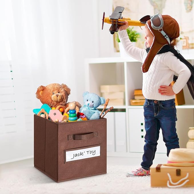 Fabric storage cubes (Set of 8) 11 Inch Cube Storage Bin, Cube storage with 8 Labels Window Cards & a Pen, Foldable cube Organizer bins,11x11 Storage bin, Cubby Organizer Boxes, Brown