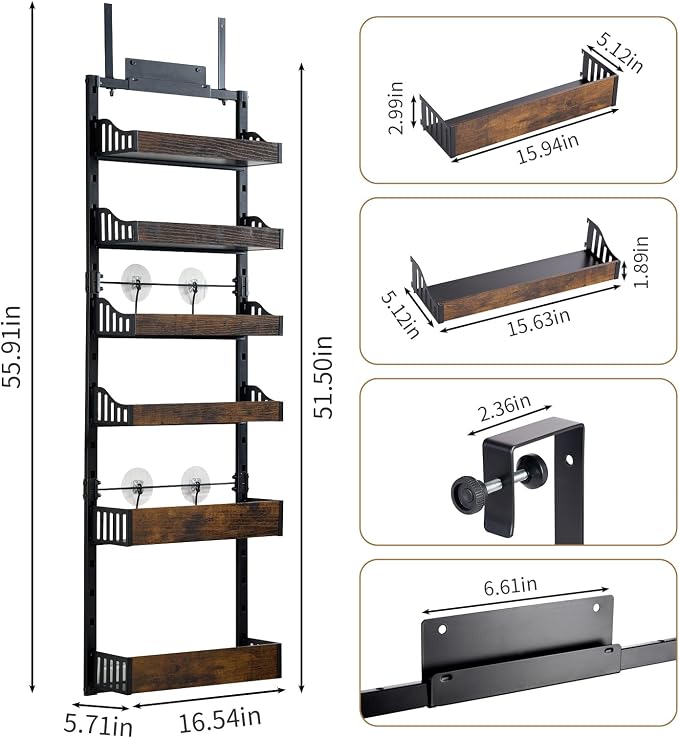Tviort 6-Tier Over Door Pantry Organizer, Adjustable Heavy Duty Spice Rack | Metal 6-tier over-door/wall-mounted spice rack with wood baskets, adjustable detachable storage for kitchen and bathroom