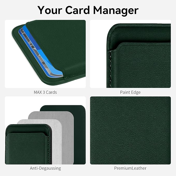 Magnetic Wallet Phone Card Holder for Phone Case with Mag-Safe, Stronger Magnetic RFID Leather Phone Wallet Stick on Series of iPhone 17/16/15/14/13/12 and Pro/Promax, Deep Green