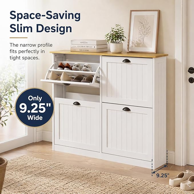 Shoe Storage Cabinet for Entryway, 16-24 Pairs Farmhouse Slim Shoe Cabinet with 4 Flip Drawers, Adjustable Shelves & Anti-Tipping Freestanding White Shoe Organizer for Small Space Hallway Apartment