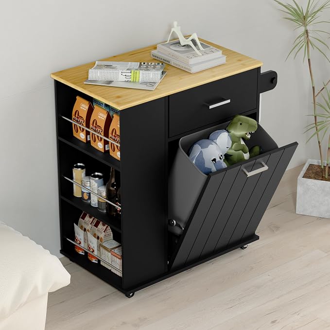 HQZX Rolling Kitchen Island with Trash Can Storage, Portable Kitchen Island on Wheels with Towel Rack & Spice Rack, Tilt Out Trash Can Cabinet with Drawer, Mobile Island Cart (Black)
