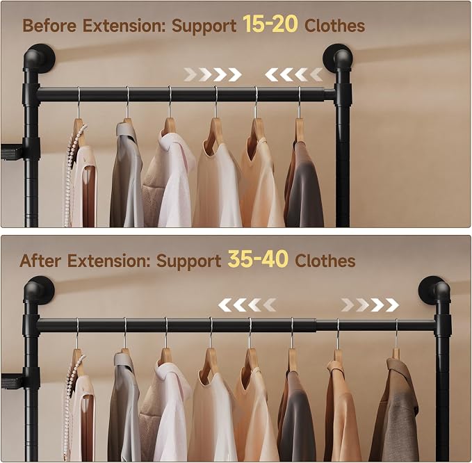 ONBRILL T3 Wall Mounted Industrial Pipe Closet Organizers Storage System | Metal Clothing Rack with 2 Drawers, 6 Wooden Shelves & 4 Expandable Rods, Heavy Duty Garment Rack, Wardrobe (Black)
