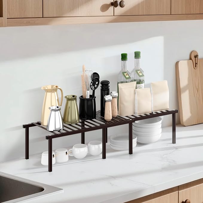 STORAGE MANIAC Expandable Cabinet Organizer Shelf, Set of 4, Brown | 15.8 inches Expandable, Stackable Wire Shelf, Spice Rack, Metal Pantry Storage for Plate Dish, Kitchen Counter Shelves