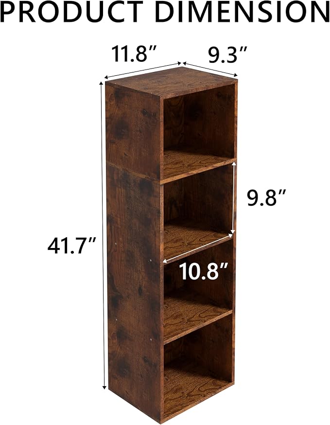 Wooden 4 Cube Storage Organizer, 4 Tier Storage Cubes Storage Display Cubby, Freestanding DIY Closet Shelving Unit for Living Room Bedroom Office(Retro Brown, 4 Cube-W(11.8inch)