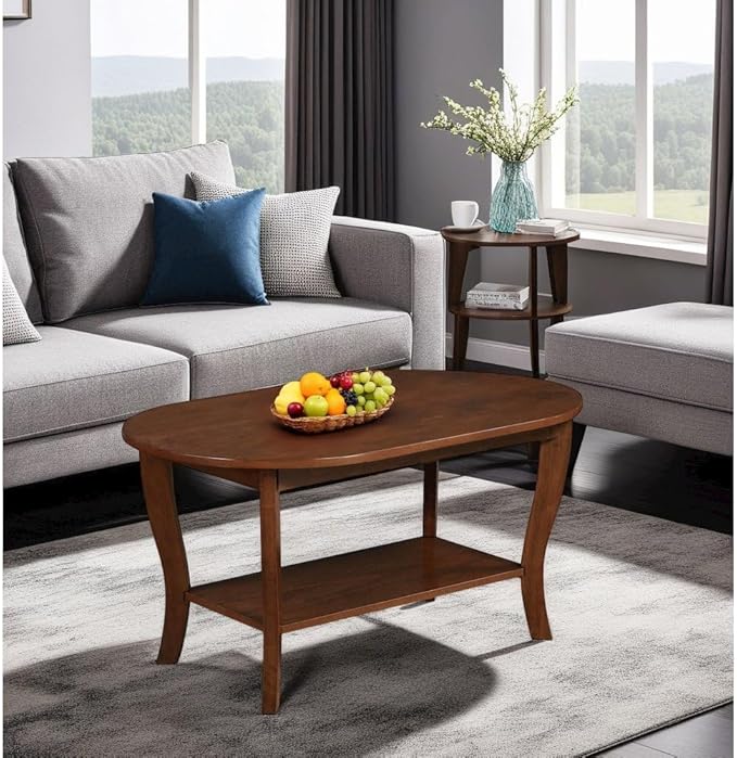 Furnifact Brown Oval Coffee Table with Lower Shelf, MDF Solid Rubber Wood Veneer Construction, Stylish and Practical Design for Living Room or Office Use
