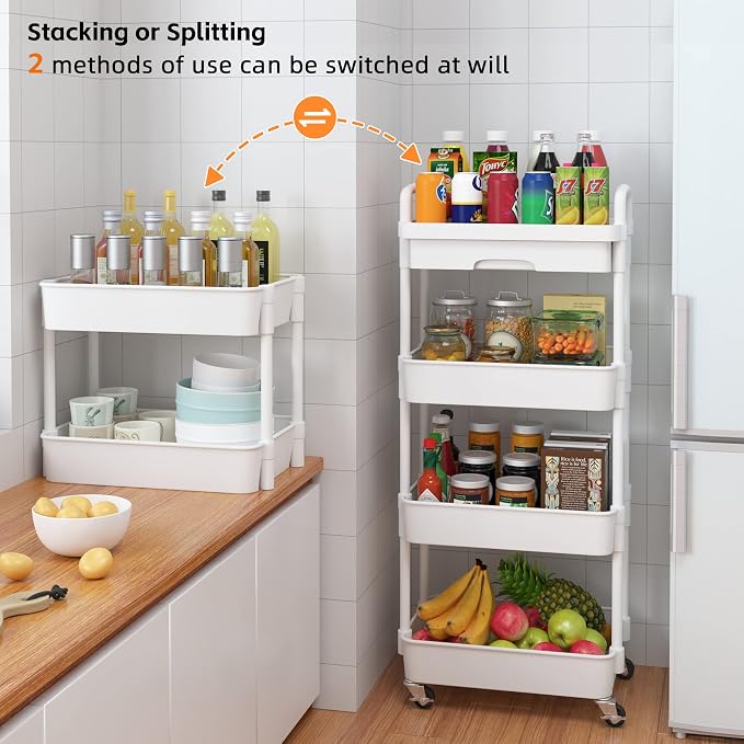 Calmootey 4-Tier Rolling Utility Cart with Drawer,Multifunctional Storage Organizer with Plastic Shelf & Metal Wheel,Storage Cart for Kitchen,Bathroom,Living Room,Office,White | Space-Saving Organizer, Sturdy Plastic Shelves, Smooth-Rolling Metal Wheel...