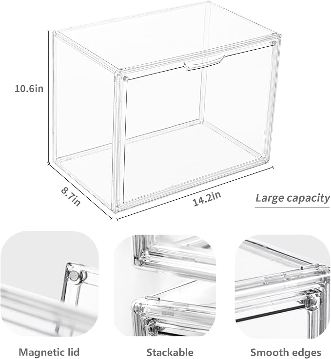 Clear Acrylic Display Case, Stackable Plastic Storage Bins with Magnetic Attraction Lid, Showcase for Cosmetic, Large Figures Collectibles, X-Large