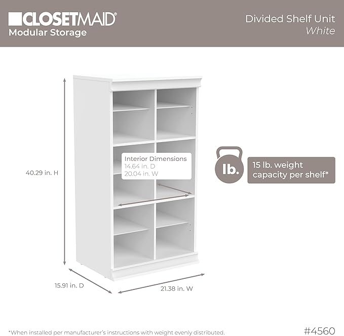 ClosetMaid Modular Storage Shelf Unit with 12 Adjustable Shelves & Dividers, White